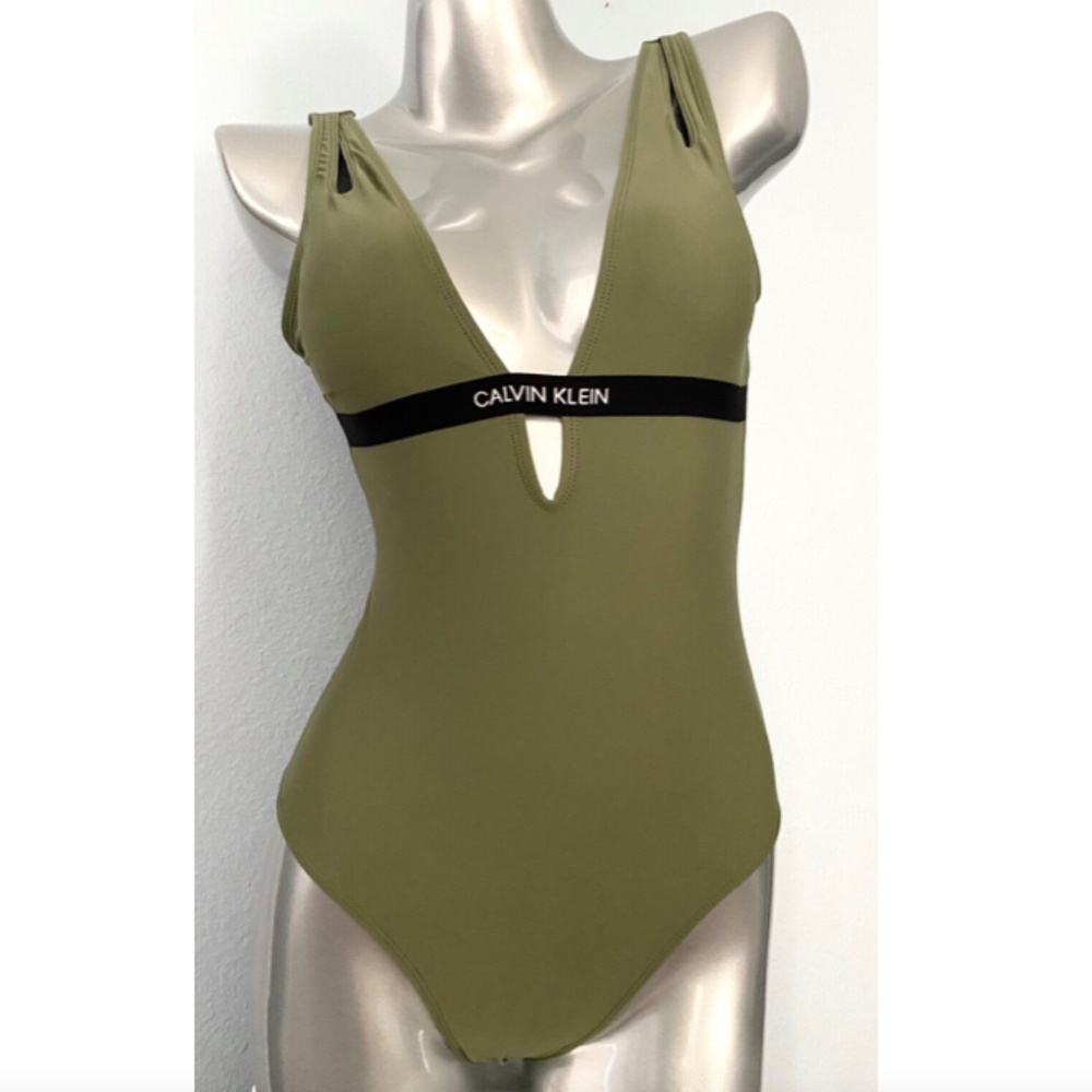 Calvin Klein Nwt Green Deep V Neck Plunge Logo One Piece Swimsuit Swim